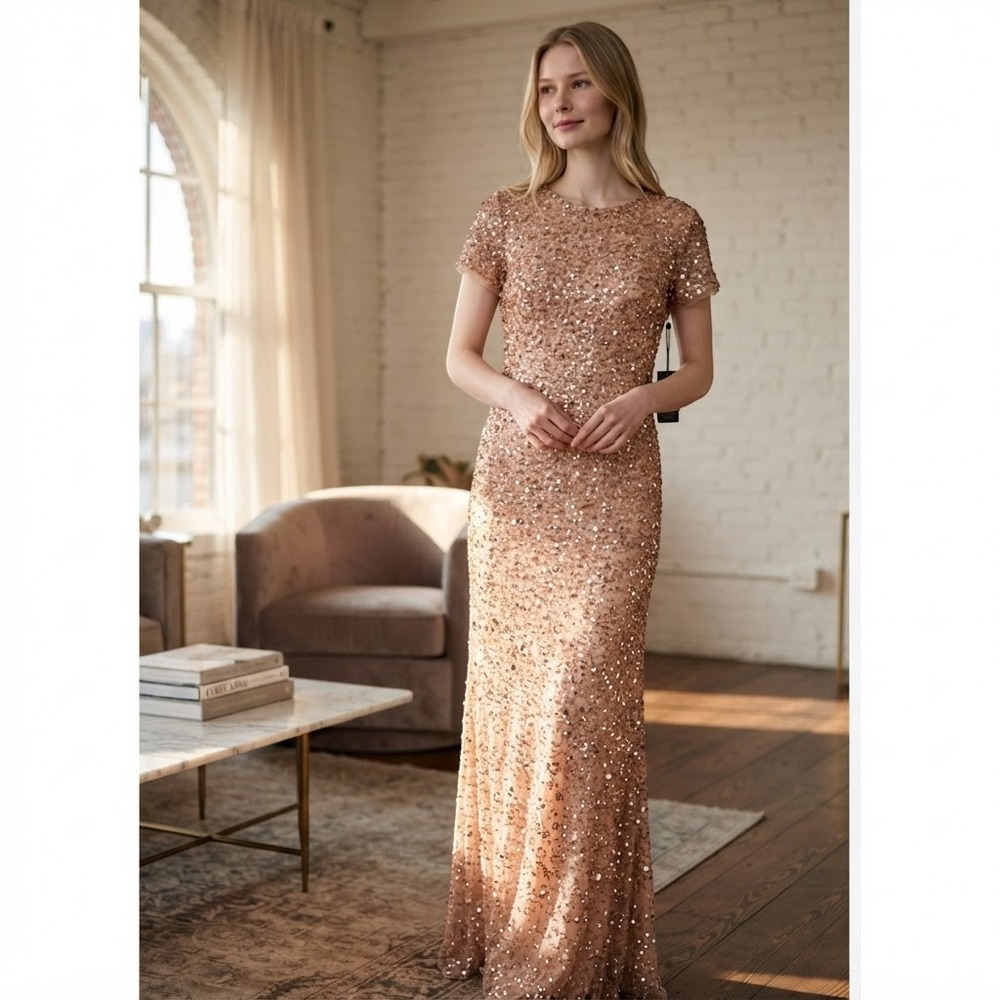Adrianna Papell Sequin Gown Women Size 8 Rose Gold Scoop Back Long Dress Formal